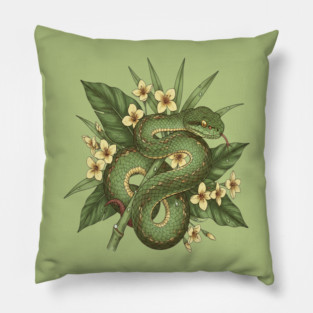 Bamboo Pit Viper With Tropical Rainforest Leaves And Yellow Blossoms Pillow