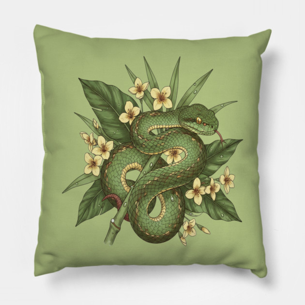 Bamboo Pit Viper With Tropical Rainforest Leaves And Yellow Blossoms Pillow by BirdsnStuff