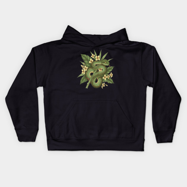 Bamboo Pit Viper With Tropical Rainforest Leaves And Yellow Blossoms Kids Hoodie by BirdsnStuff