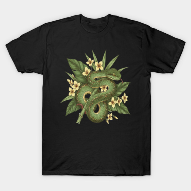 Bamboo Pit Viper With Tropical Rainforest Leaves And Yellow Blossoms T-Shirt by BirdsnStuff