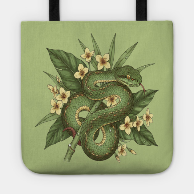 Bamboo Pit Viper With Tropical Rainforest Leaves And Yellow Blossoms Tote by BirdsnStuff