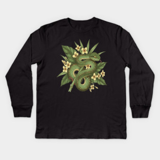 Bamboo Pit Viper With Tropical Rainforest Leaves And Yellow Blossoms Kids Long Sleeve T-Shirt