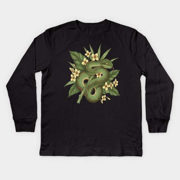 Bamboo Pit Viper With Tropical Rainforest Leaves And Yellow Blossoms Kids Long Sleeve T-Shirt by BirdsnStuff