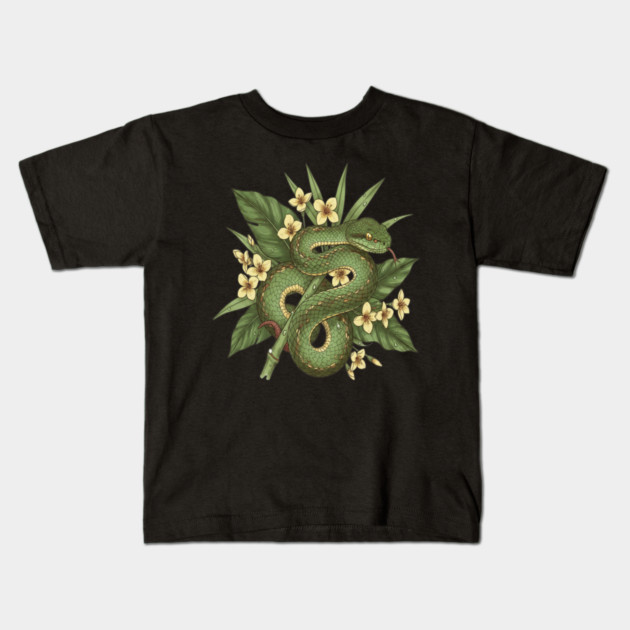 Bamboo Pit Viper With Tropical Rainforest Leaves And Yellow Blossoms Kids T-Shirt by BirdsnStuff