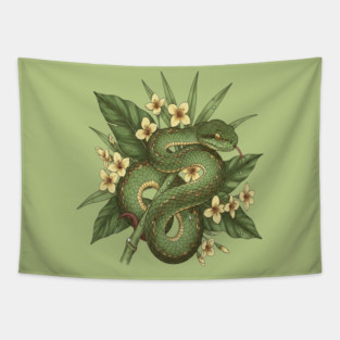 Bamboo Pit Viper With Tropical Rainforest Leaves And Yellow Blossoms Tapestry