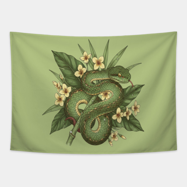 Bamboo Pit Viper With Tropical Rainforest Leaves And Yellow Blossoms Tapestry by BirdsnStuff