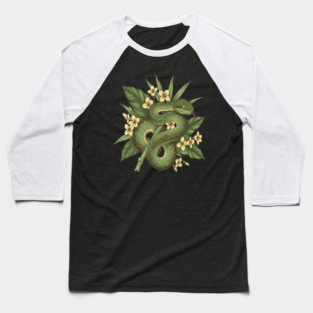 Bamboo Pit Viper With Tropical Rainforest Leaves And Yellow Blossoms Baseball T-Shirt