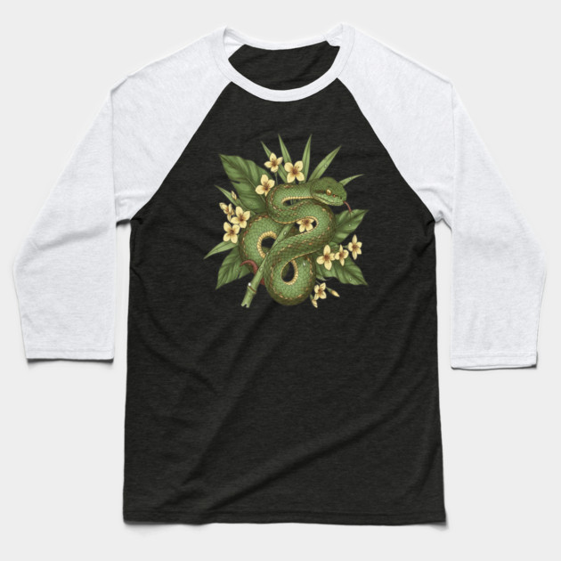Bamboo Pit Viper With Tropical Rainforest Leaves And Yellow Blossoms Baseball T-Shirt by BirdsnStuff