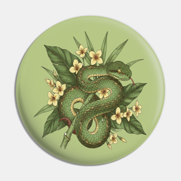 Bamboo Pit Viper With Tropical Rainforest Leaves And Yellow Blossoms Pin by BirdsnStuff