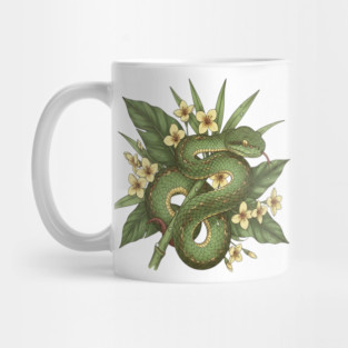 Bamboo Pit Viper With Tropical Rainforest Leaves And Yellow Blossoms Mug