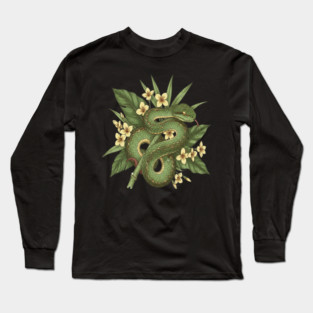 Bamboo Pit Viper With Tropical Rainforest Leaves And Yellow Blossoms Long Sleeve T-Shirt