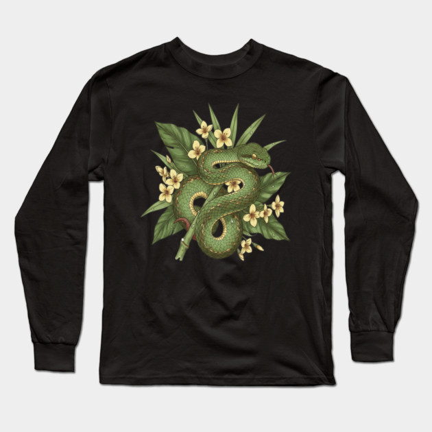 Bamboo Pit Viper With Tropical Rainforest Leaves And Yellow Blossoms Long Sleeve T-Shirt by BirdsnStuff