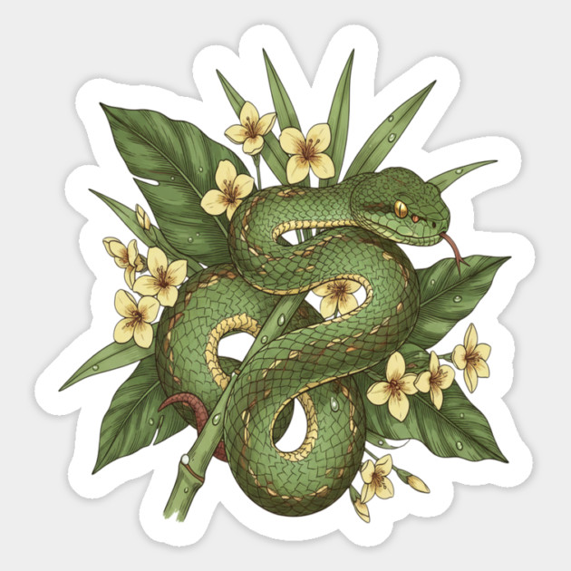 Bamboo Pit Viper With Tropical Rainforest Leaves And Yellow Blossoms Magnet by BirdsnStuff