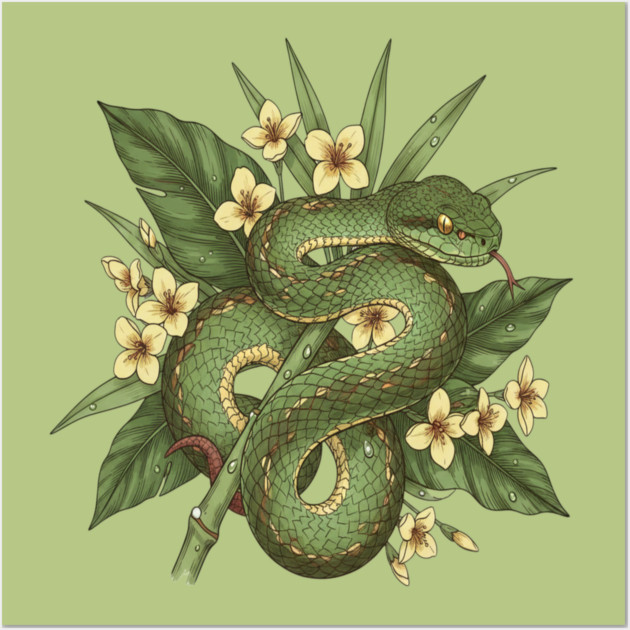Bamboo Pit Viper With Tropical Rainforest Leaves And Yellow Blossoms Wall Art by BirdsnStuff