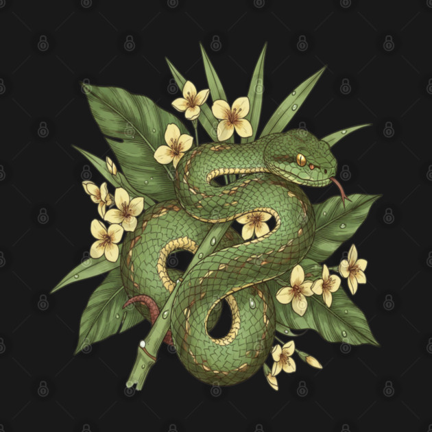 Bamboo Pit Viper With Tropical Rainforest Leaves And Yellow Blossoms by BirdsnStuff