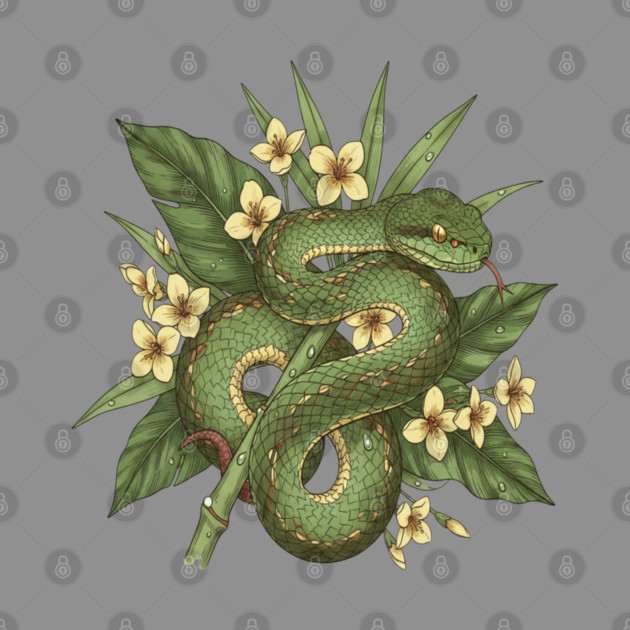 Bamboo Pit Viper With Tropical Rainforest Leaves And Yellow Blossoms by BirdsnStuff
