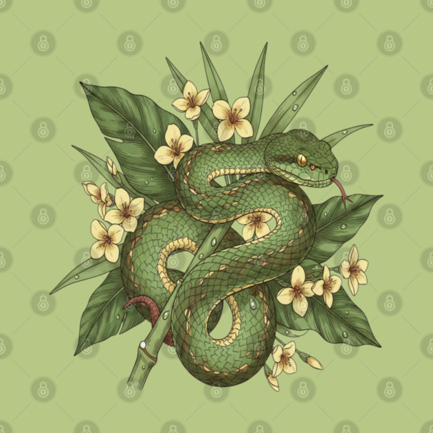 Bamboo Pit Viper With Tropical Rainforest Leaves And Yellow Blossoms by BirdsnStuff