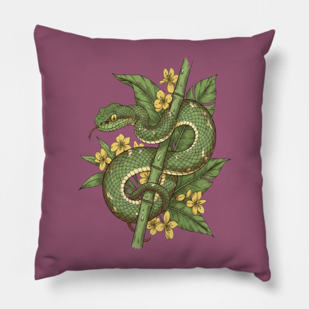 Bamboo Pit Viper Tropical Flowers Vintage Art Pillow by BirdsnStuff