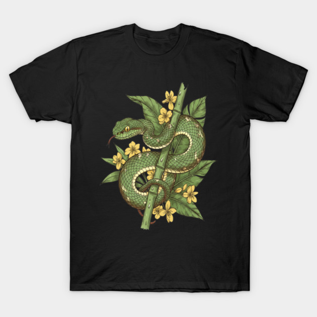 Bamboo Pit Viper Tropical Flowers Vintage Art T-Shirt by BirdsnStuff