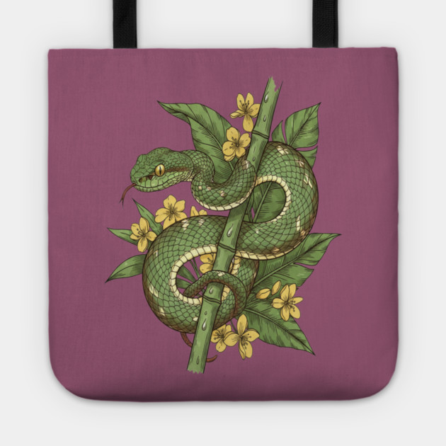 Bamboo Pit Viper Tropical Flowers Vintage Art Tote by BirdsnStuff