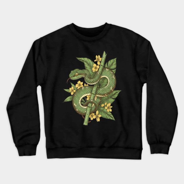 Bamboo Pit Viper Tropical Flowers Vintage Art Crewneck Sweatshirt by BirdsnStuff