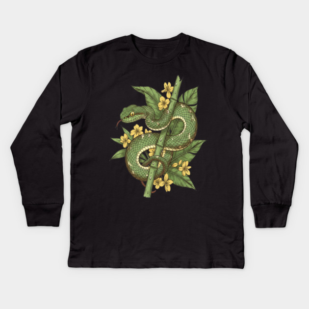 Bamboo Pit Viper Tropical Flowers Vintage Art Kids Long Sleeve T-Shirt by BirdsnStuff