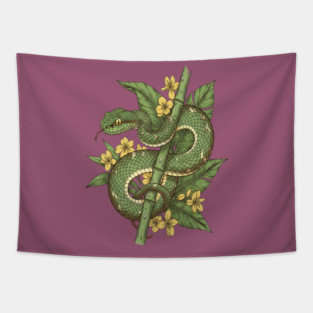 Bamboo Pit Viper Tropical Flowers Vintage Art Tapestry