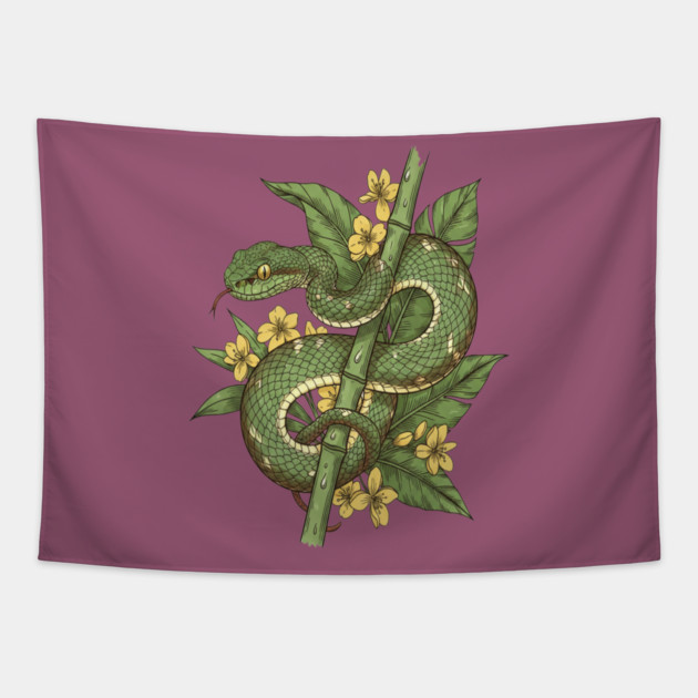 Bamboo Pit Viper Tropical Flowers Vintage Art Tapestry by BirdsnStuff