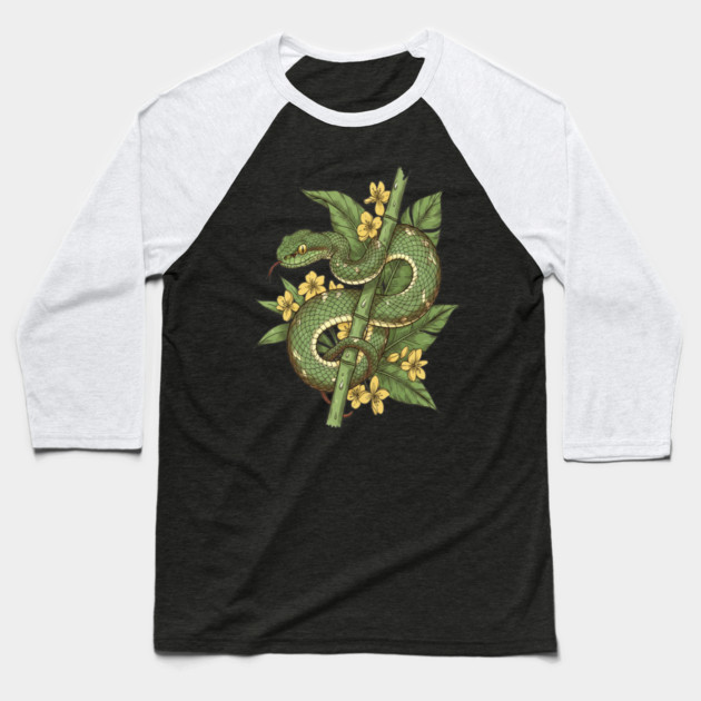 Bamboo Pit Viper Tropical Flowers Vintage Art Baseball T-Shirt by BirdsnStuff