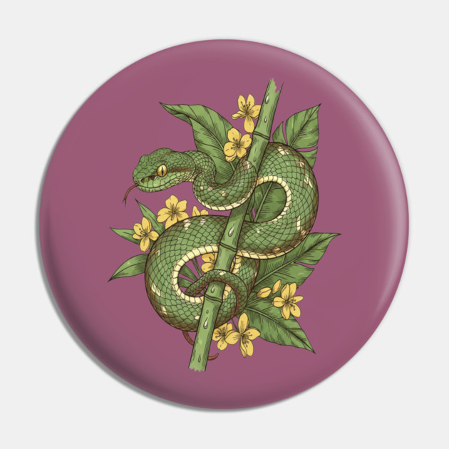 Bamboo Pit Viper Tropical Flowers Vintage Art Pin by BirdsnStuff