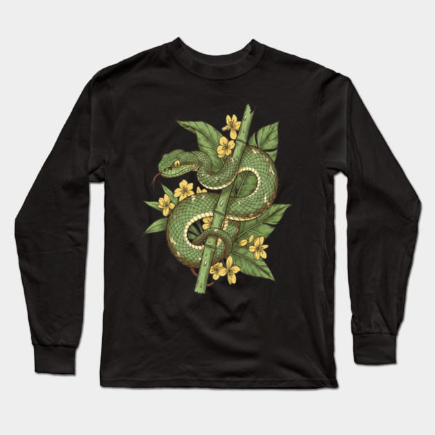 Bamboo Pit Viper Tropical Flowers Vintage Art Long Sleeve T-Shirt by BirdsnStuff