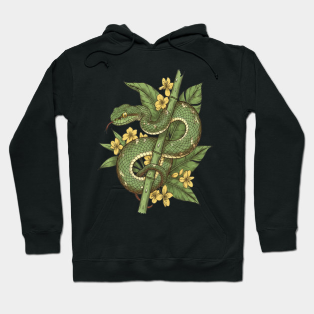 Bamboo Pit Viper Tropical Flowers Vintage Art Hoodie by BirdsnStuff