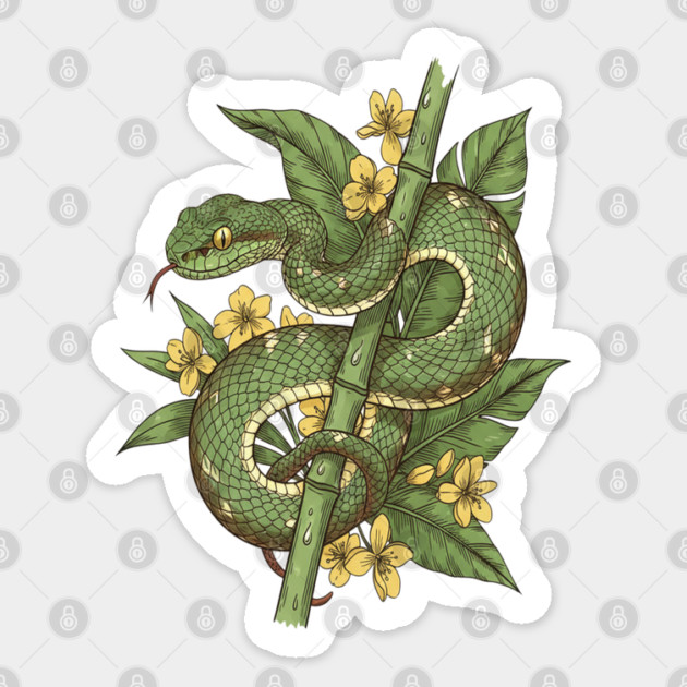 Bamboo Pit Viper Tropical Flowers Vintage Art Sticker by BirdsnStuff