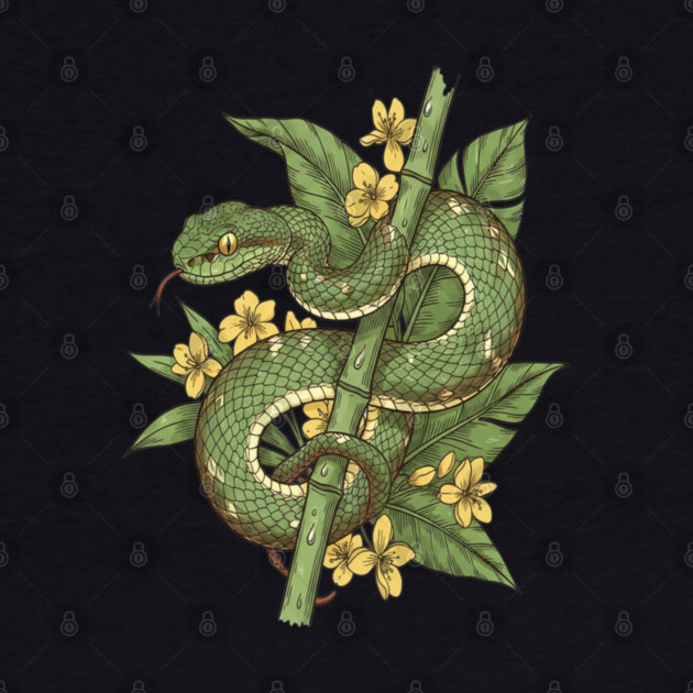 Bamboo Pit Viper Tropical Flowers Vintage Art by BirdsnStuff