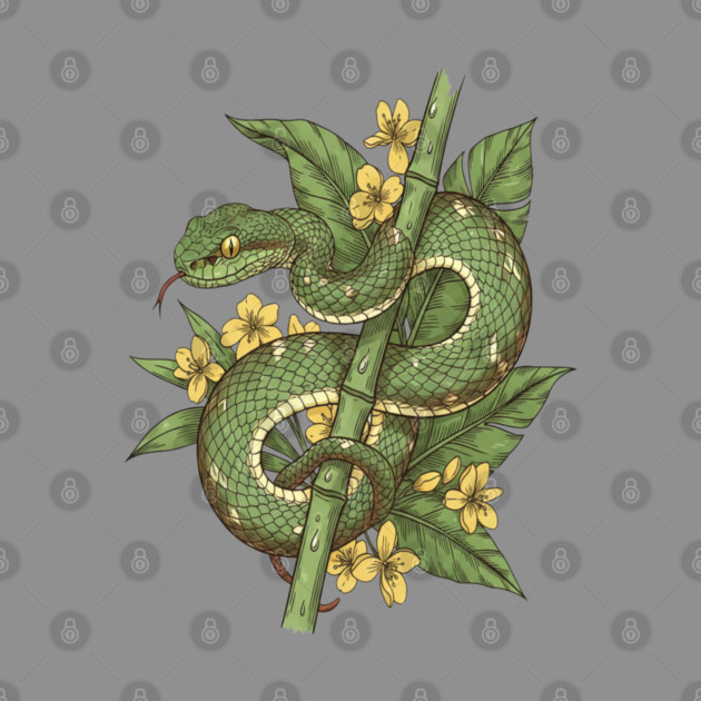 Bamboo Pit Viper Tropical Flowers Vintage Art by BirdsnStuff