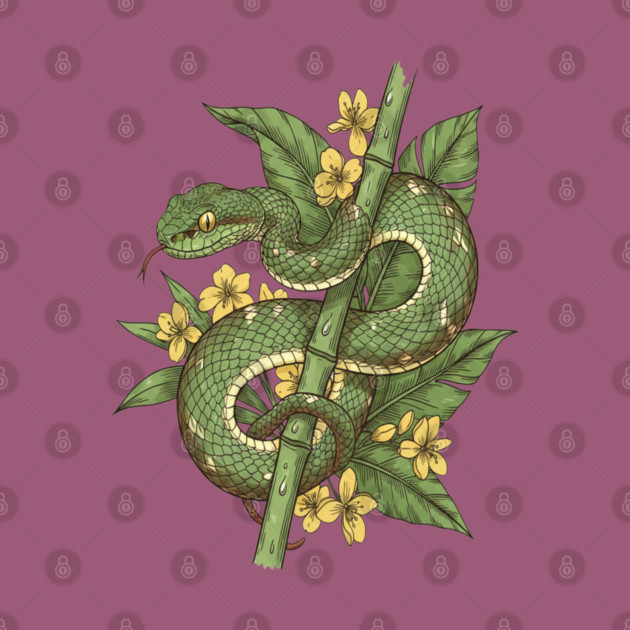 Bamboo Pit Viper Tropical Flowers Vintage Art by BirdsnStuff