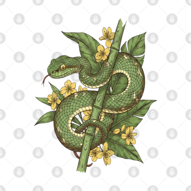 Bamboo Pit Viper Tropical Flowers Vintage Art by BirdsnStuff