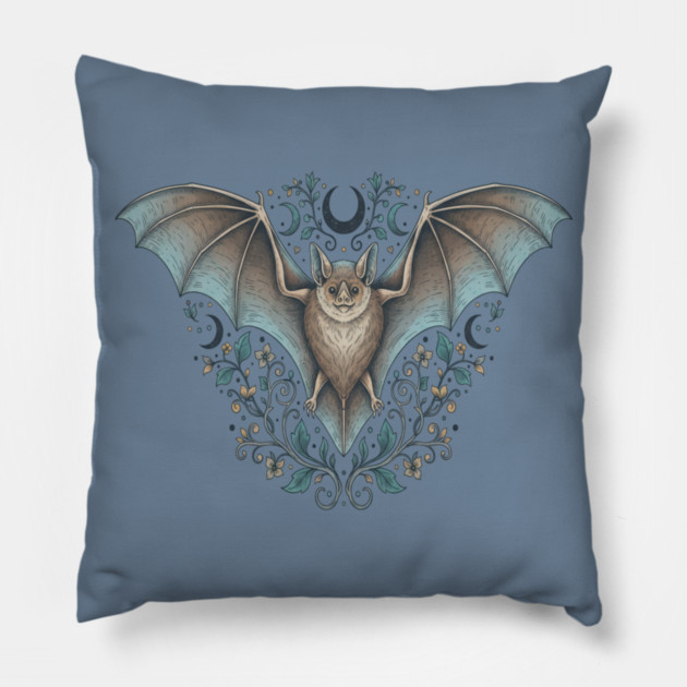 Ornamental Bat Crescent Moon Vintage Night Art Pillow by BirdsnStuff