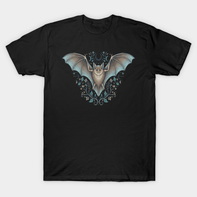 Ornamental Bat Crescent Moon Vintage Night Art T-Shirt by BirdsnStuff