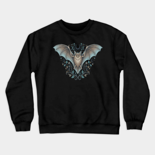 Ornamental Bat Crescent Moon Vintage Night Art Crewneck Sweatshirt by BirdsnStuff