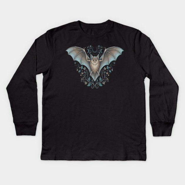 Ornamental Bat Crescent Moon Vintage Night Art Kids Long Sleeve T-Shirt by BirdsnStuff