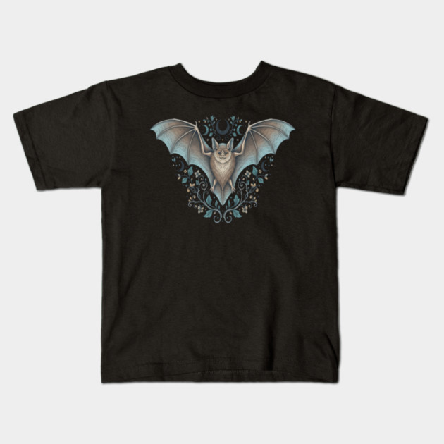 Ornamental Bat Crescent Moon Vintage Night Art Kids T-Shirt by BirdsnStuff