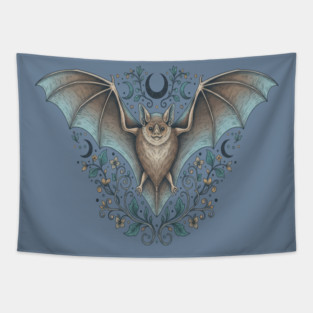 Ornamental Bat Crescent Moon Vintage Night Art Tapestry