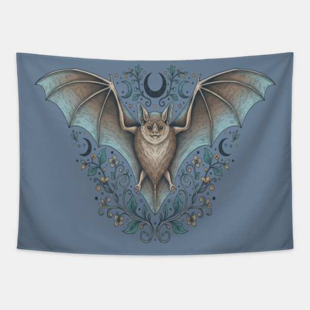 Ornamental Bat Crescent Moon Vintage Night Art Tapestry by BirdsnStuff