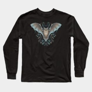 Ornamental Bat Crescent Moon Vintage Night Art Long Sleeve T-Shirt