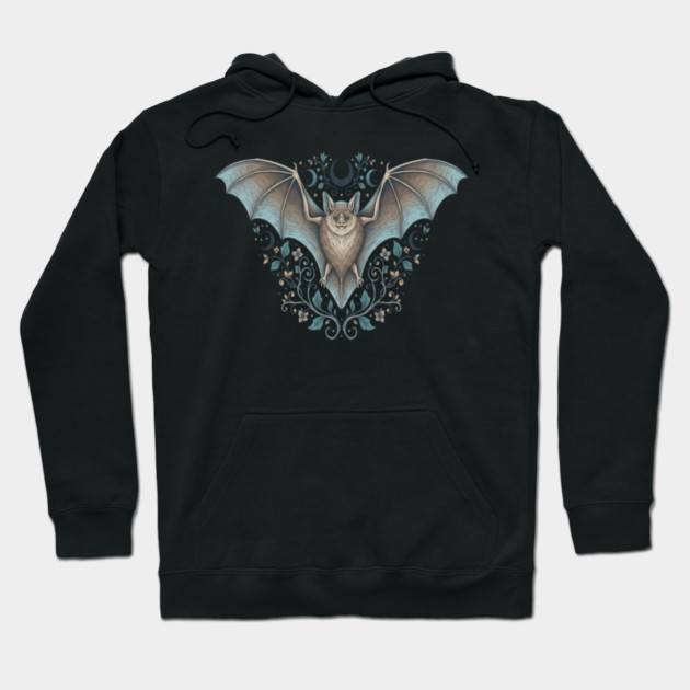 Ornamental Bat Crescent Moon Vintage Night Art Hoodie by BirdsnStuff