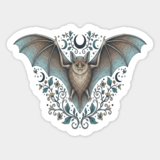 Ornamental Bat Crescent Moon Vintage Night Art Sticker