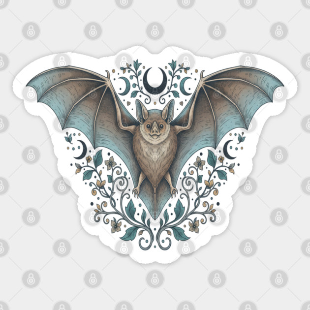 Ornamental Bat Crescent Moon Vintage Night Art Sticker by BirdsnStuff