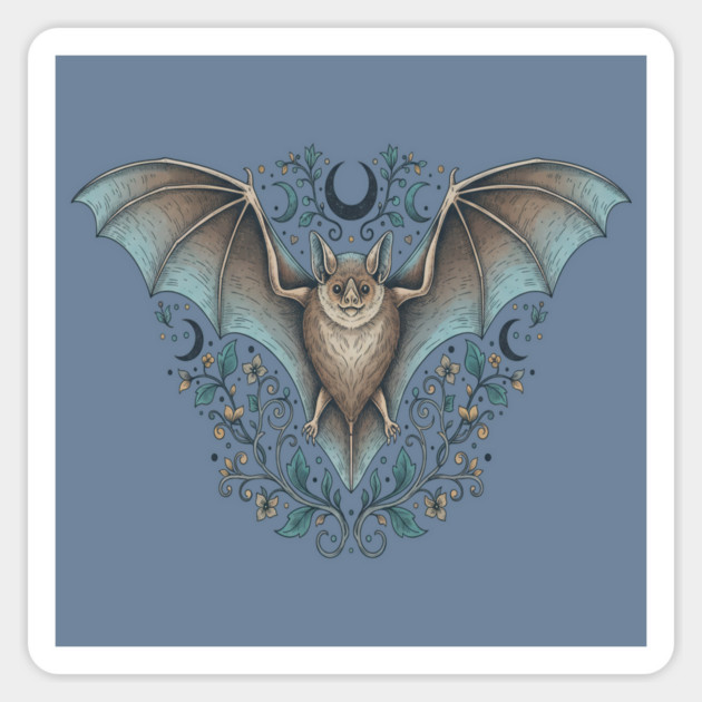 Ornamental Bat Crescent Moon Vintage Night Art Magnet by BirdsnStuff