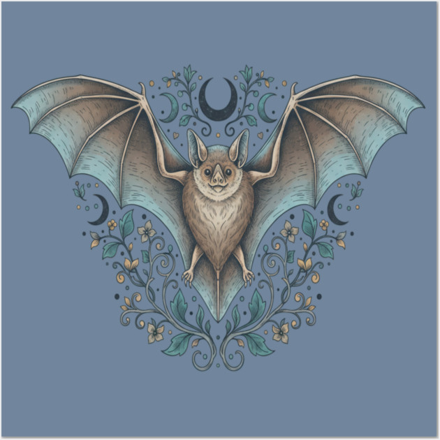 Ornamental Bat Crescent Moon Vintage Night Art Wall Art by BirdsnStuff